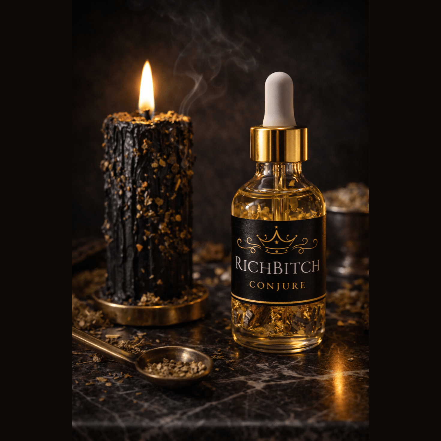 Rich Bitch Conjure Damian Oil for Hoodoo rituals, featuring an amber-colored bottle with a black cap, used for intense domination.
