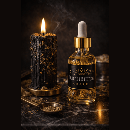 Rich Bitch Conjure Damian Oil for Hoodoo rituals, featuring an amber-colored bottle with a black cap, used for intense domination.