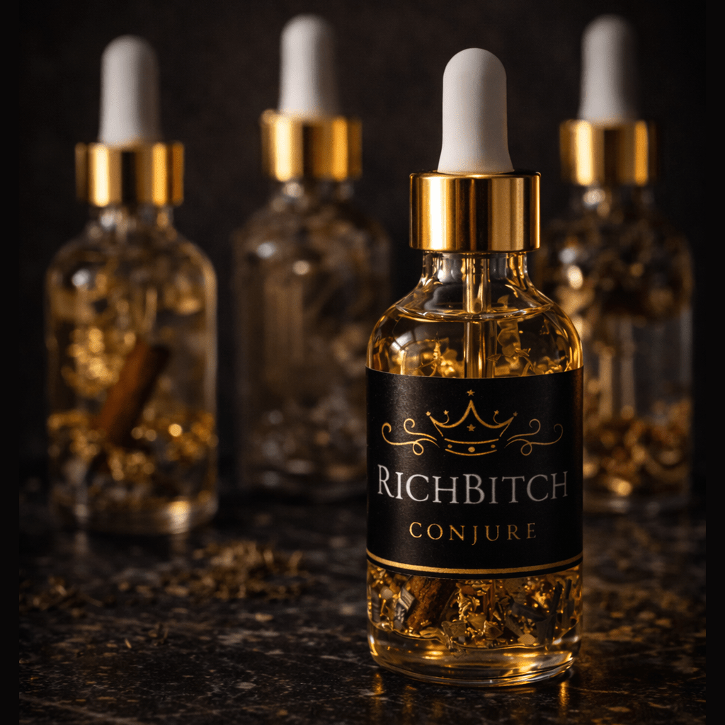 Rich Bitch Conjure Damian Hoodoo Oil bottle with detailed label, used for intense domination and spiritual empowerment.