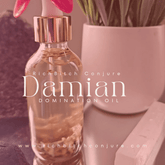 Rich Bitch Conjure Damian Hoodoo Oil for intense domination, displayed in a minimalist gray outfit setting.