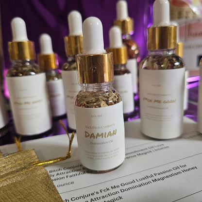 Rich Bitch Conjure Damian Hoodoo Oil for intense domination, featuring dark, aromatic herbal blend in a glass bottle.
