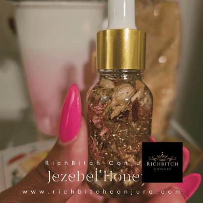 Rich Bitch Conjure Jezebel Honey Oil hoodoo product, featuring a minimalist gray outfit on a trendy Instagram post.