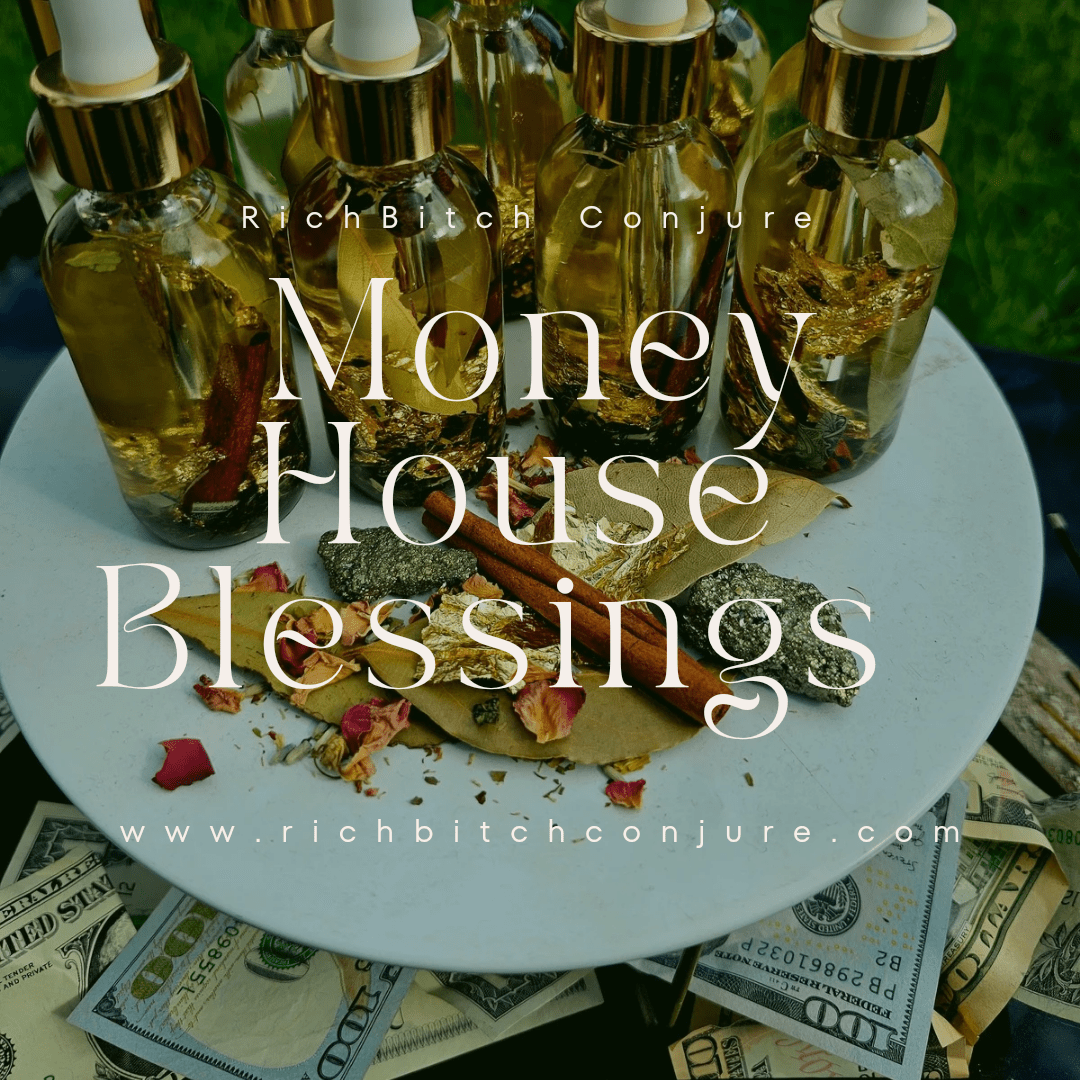 Rich Bitch Conjure Money House Blessing Oil in a glass bottle with a black cap, labeled as Hoodoo Oil for prosperity.
