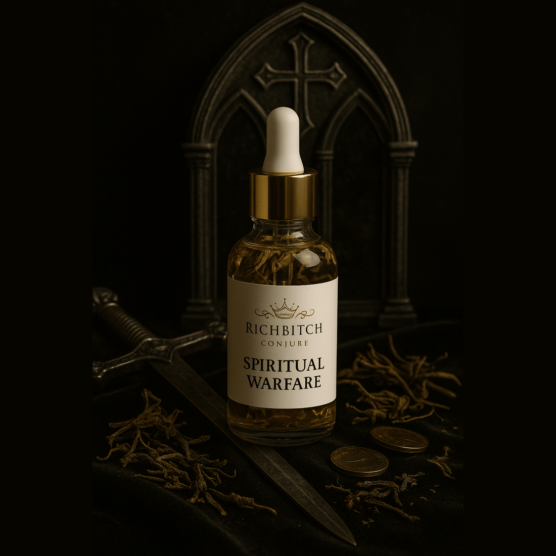 Rich Bitch Conjure Hoodoo Spiritual Warfare Oil bottle with protective and reversal symbols, used for spiritual victory over enemies.