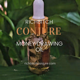 Rich Bitch Conjure Hoodoo Oil for money attraction and prosperity, featuring light-gray and brown minimalist design on a thank you card.
