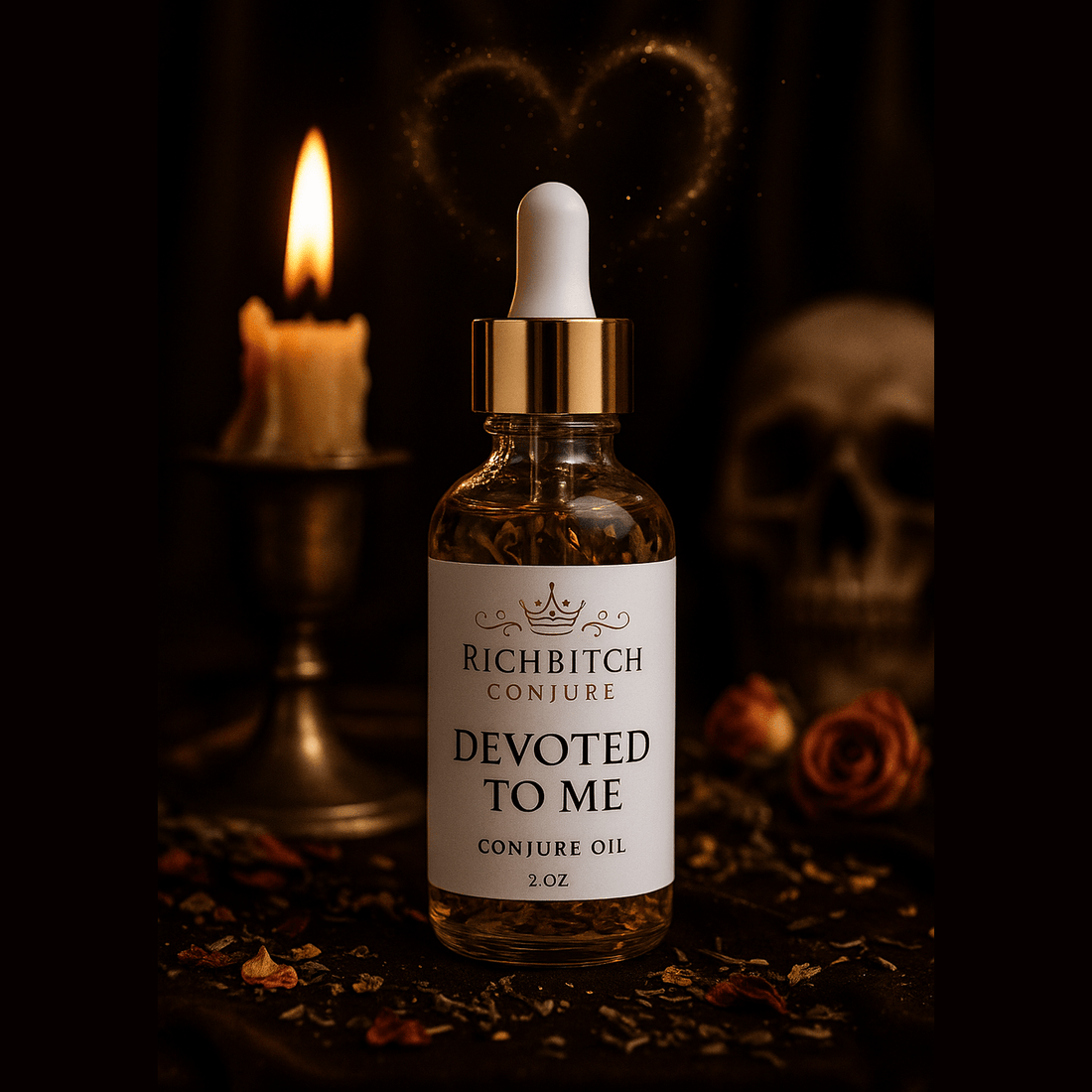 Rich Bitch Conjure Devoted To Me Hoodoo Oil for love, loyalty, and commitment in a small glass bottle with a dropper.