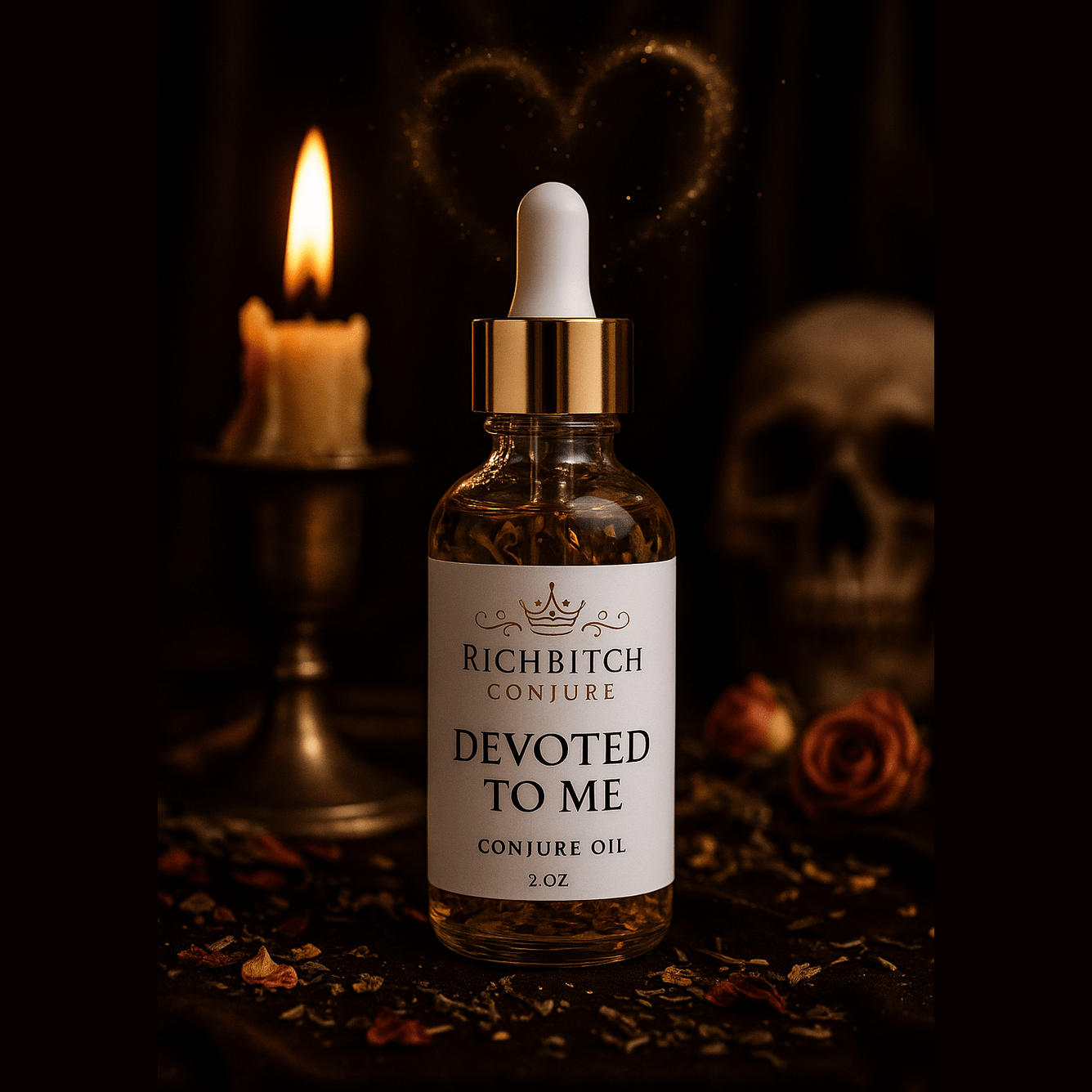 Rich Bitch Conjure Devoted To Me Hoodoo Oil for love, loyalty, and commitment in a small glass bottle with a dropper.