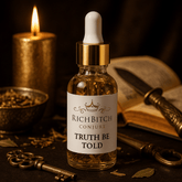 Rich Bitch Conjure Hoodoo Oil for clarity, truth reveal, and spiritual protection, displayed in a small glass bottle.