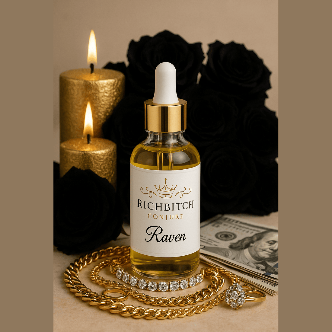 Rich Bitch Conjure Raven Hoodoo Oil for intuition, manifestation, and spiritual power, shown in a small glass bottle with a black label.