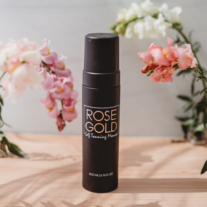 Rose Gold Sunless Rapid Rinse Self Tanning Mousse in dark neutral bronze, whipped foam texture, for a natural sun-kissed glow