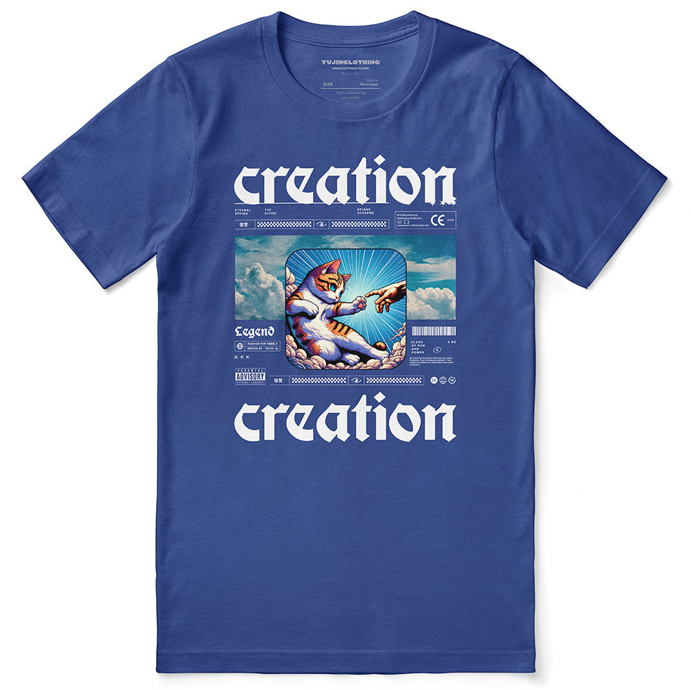 Yūjin Clothing Divine Creation cat T-shirt with vibrant feline graphic, made from soft cotton fabric for comfortable wear.