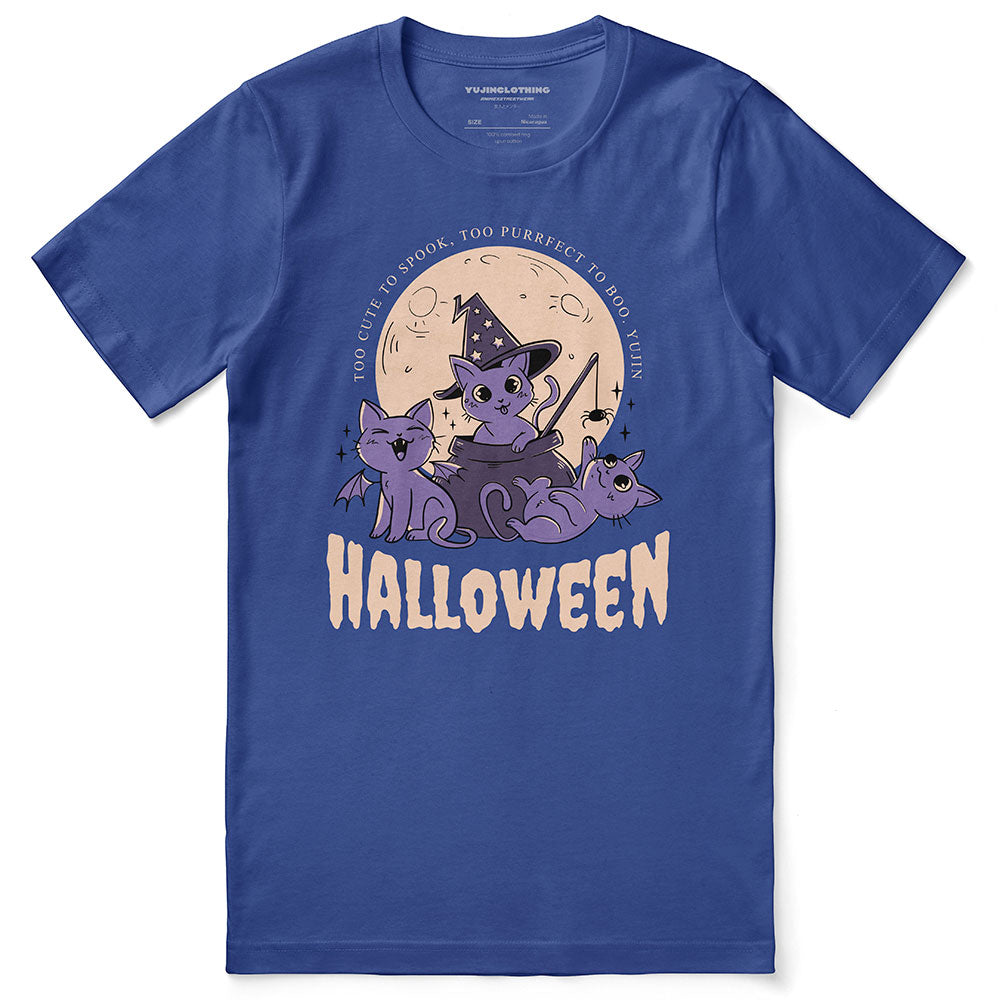 Black Halloween Cats T-Shirt by Yūjin Clothing featuring spooky cat graphics on a comfortable cotton tee.