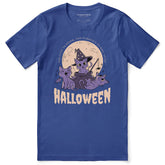 Black Halloween Cats T-Shirt by Yūjin Clothing featuring spooky cat graphics on a comfortable cotton tee.