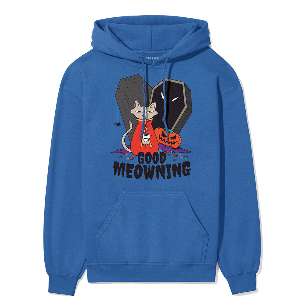 Yūjin Clothing Good Meowning hoodie in soft fabric, featuring a cozy design with a playful cat graphic on the front.