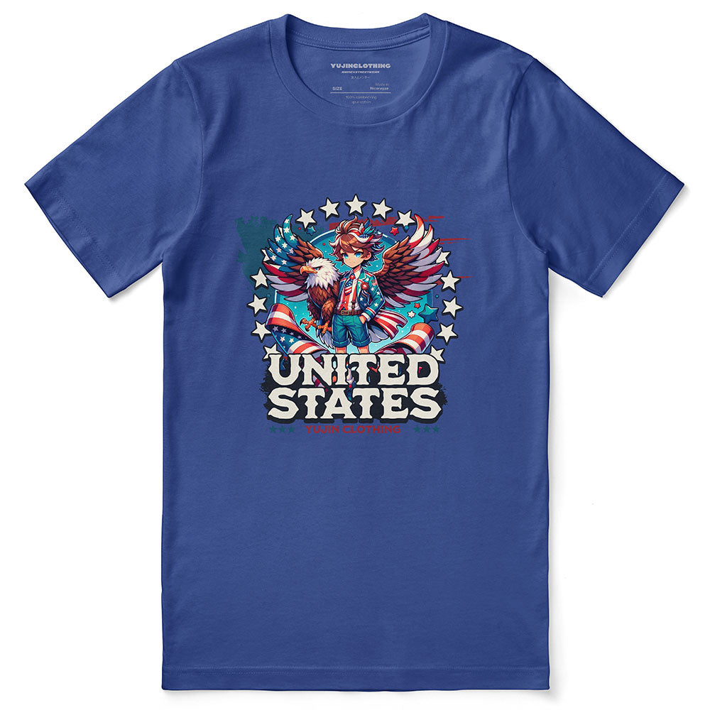 Yūjin Clothing July 4th T-Shirt featuring an eagle and boy design, showcasing patriotic American-themed graphic on cotton t-shirt