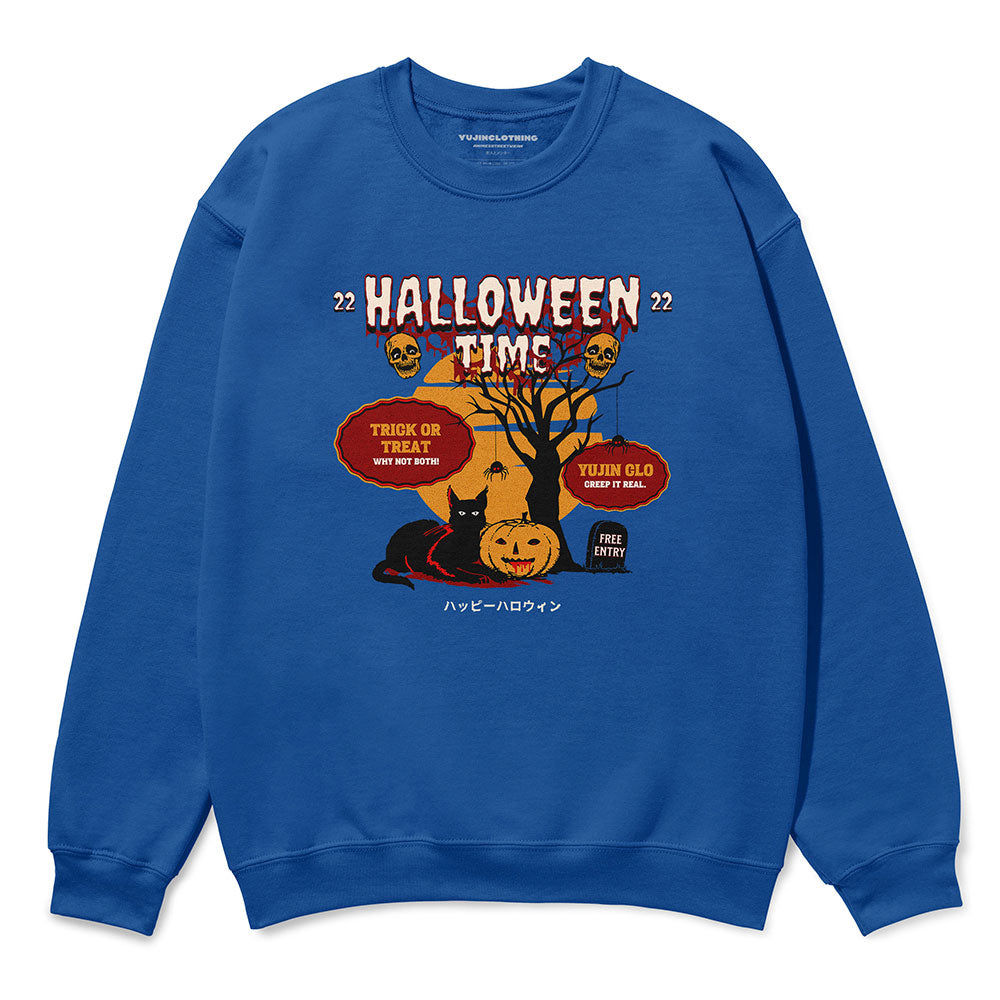 Yūjin Clothing Halloween Time sweatshirt featuring spooky-themed design, cozy fit, and casual style perfect for fall and Halloween celebrations.