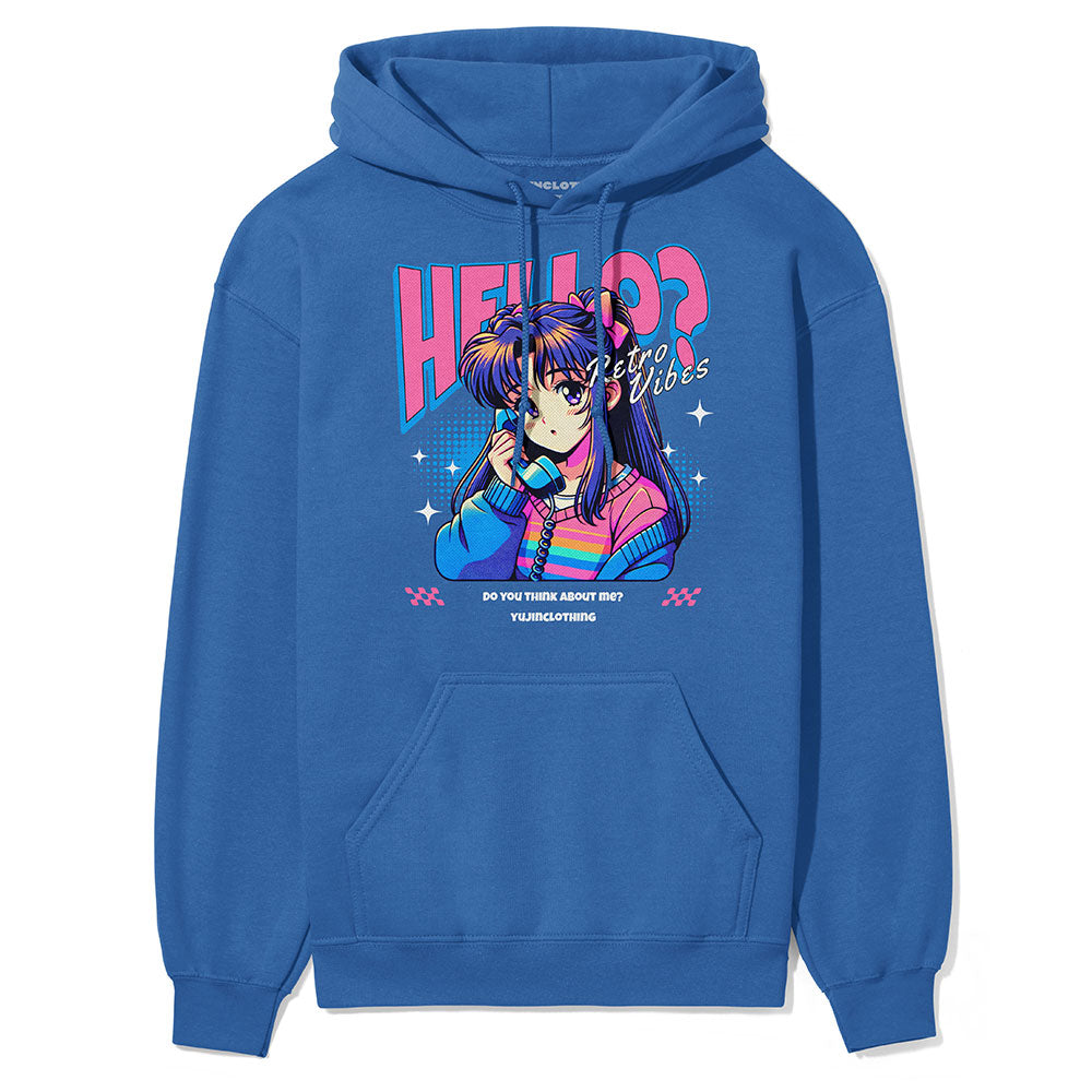Yūjin Clothing Hello? hoodie in black with white text, featuring a cozy hood and casual fit, perfect for everyday wear.