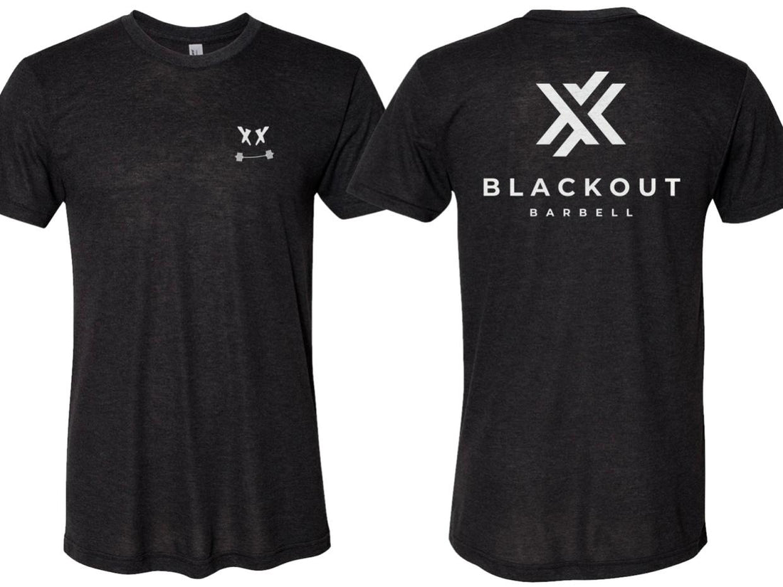 Blackout Barbell Abyss Tee displayed on a mannequin, showcasing the stylish black graphic t-shirt with bold design details.