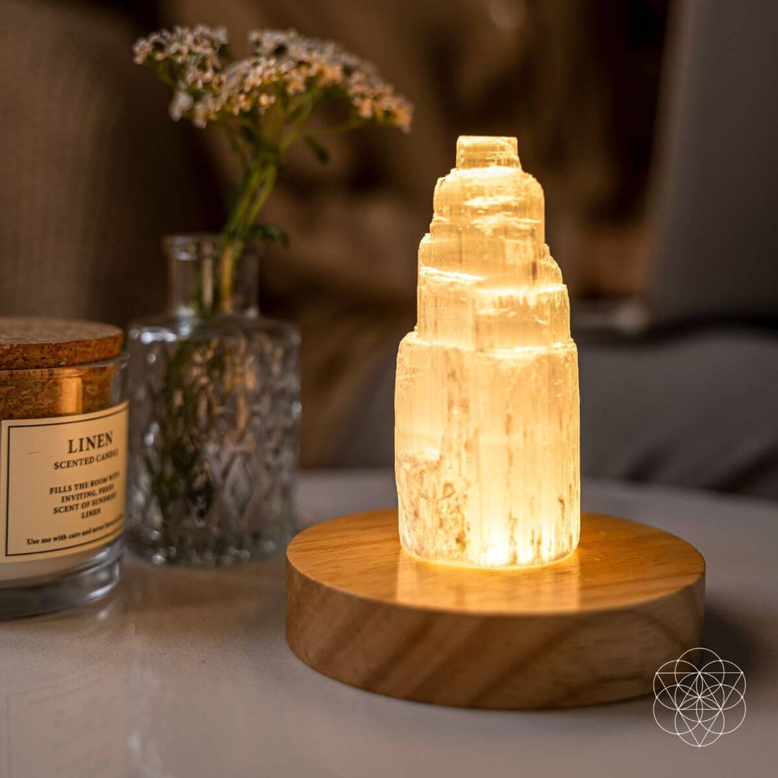 Selenite Cleansing Lamp night light by Conscious Items, featuring a glowing selenite crystal with a smooth, natural finish.