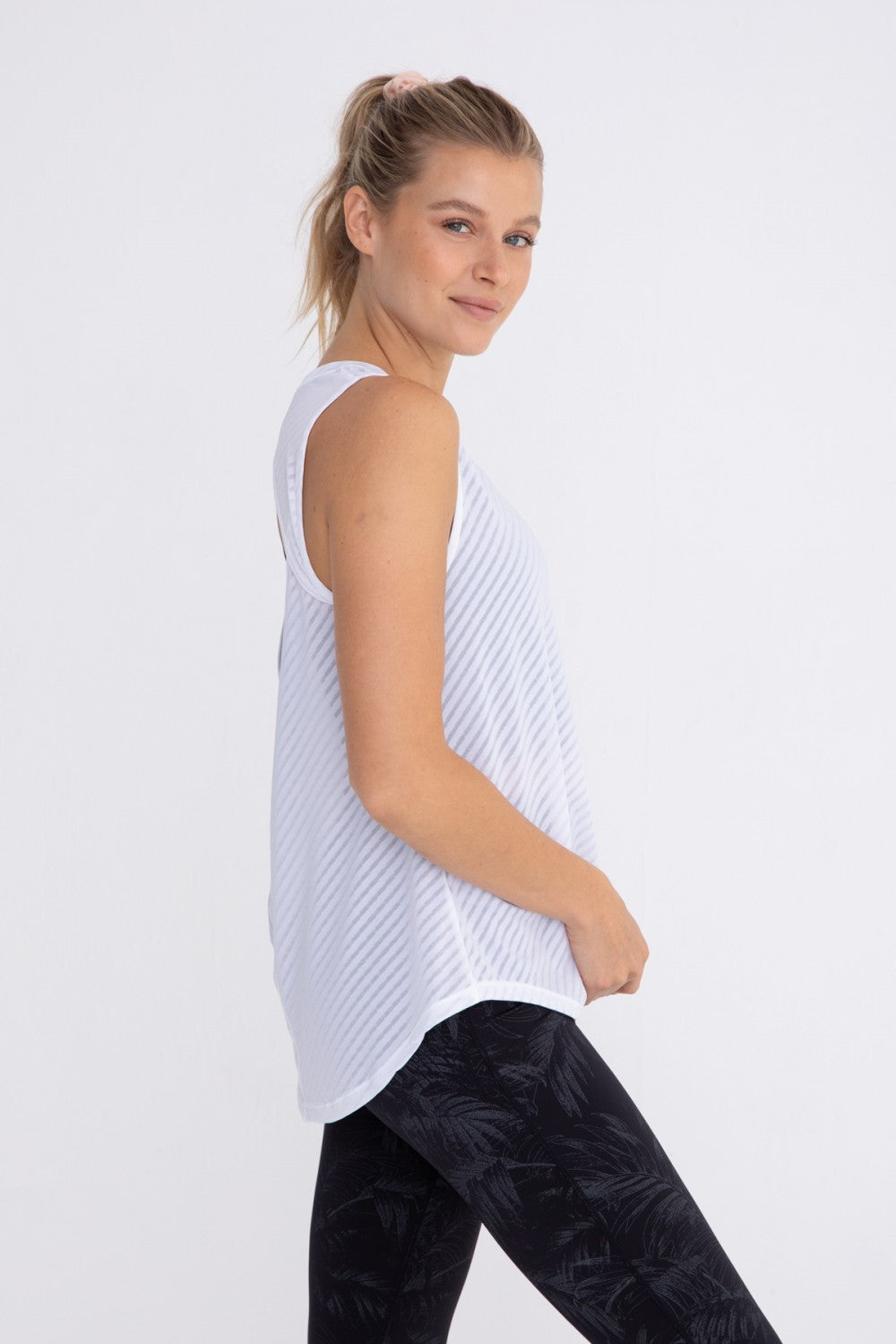 Sheer striped mesh active tank top with cut-out back by Fitkitty Culture, perfect for yoga and athleisure wear.