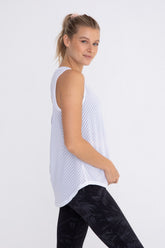 Sheer striped mesh active tank top with cut-out back by Fitkitty Culture, perfect for yoga and athleisure wear.