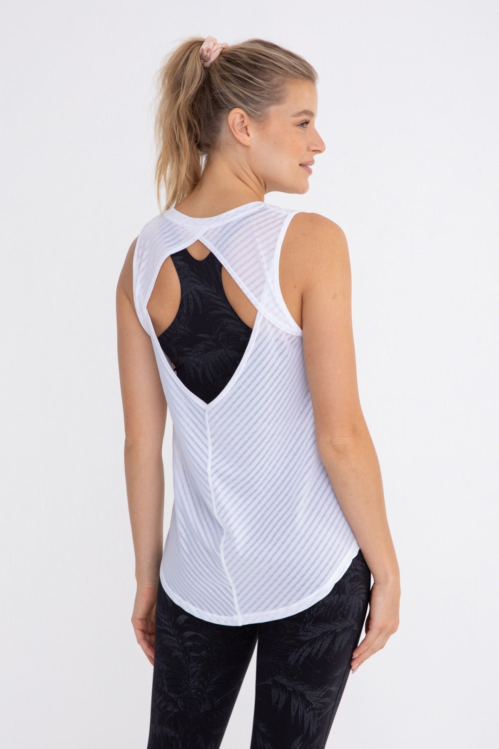 Sheer striped mesh active tank top with cut-out back, stylish women&