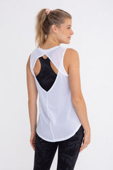 Sheer striped mesh active tank top with cut-out back, stylish women&
