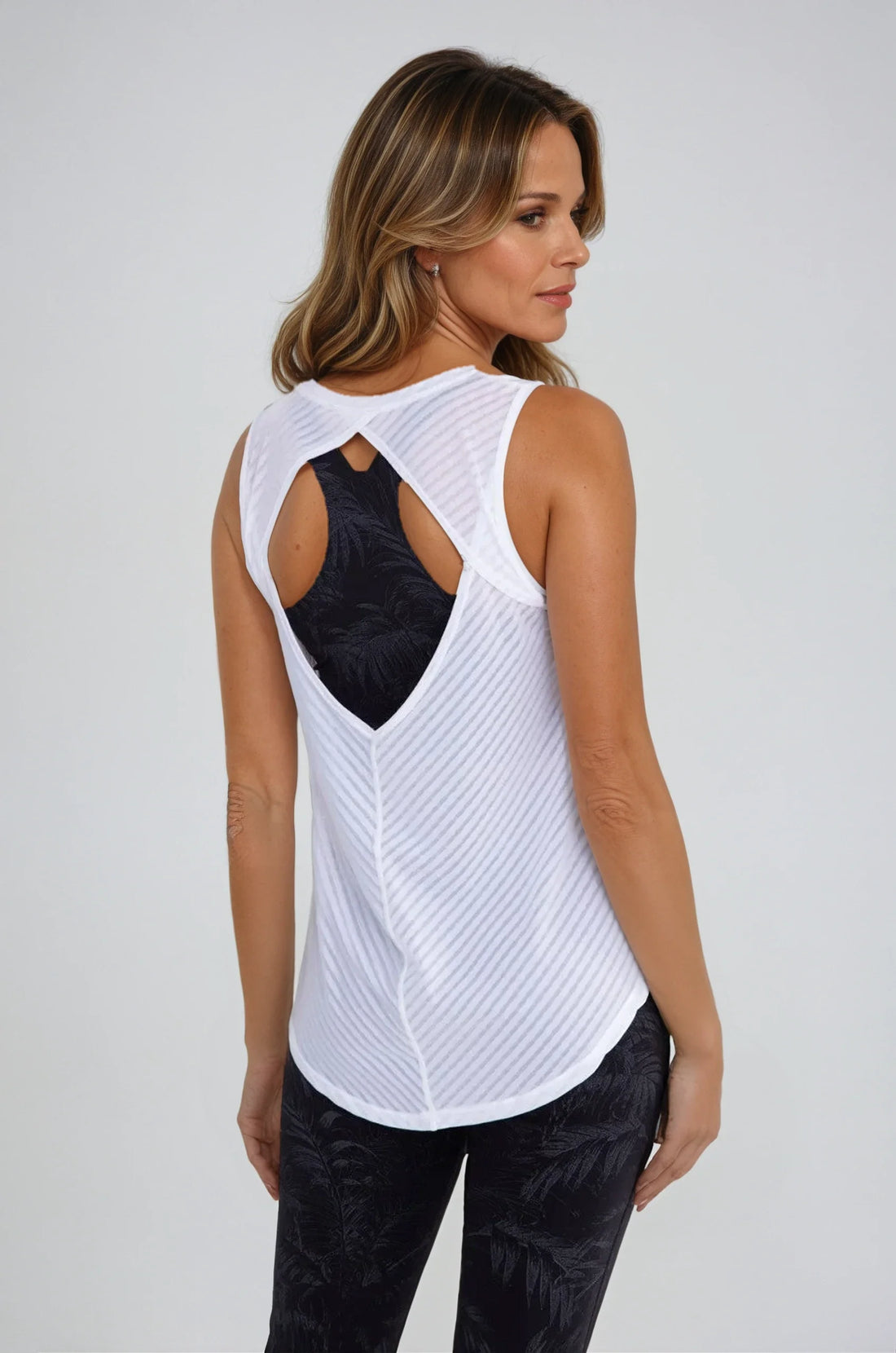 Sheer striped mesh active tank top with cut-out back by Fitkitty Culture, perfect for yoga and athleisure wear.