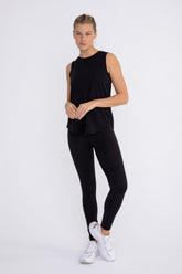 Black sheer striped mesh tank top with cut-out back from Fitkitty Culture athleisure and yoga wear collection.