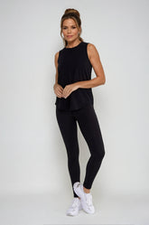 Black sheer striped mesh tank top with cut-out back from Fitkitty Culture activewear, perfect for yoga and athleisure outfits.
