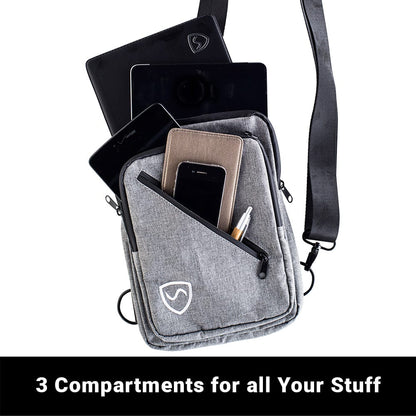 Shield Your Body SYB Sling Bag backpack with interior compartments and adjustable straps, shown with contents inside.