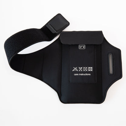 Shield Your Body arm band phone pouch worn on arm, adjustable mobile phone holder for workout or outdoor activities.