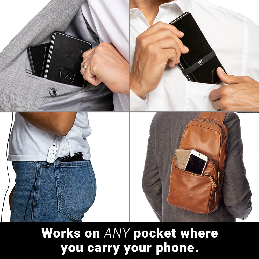 Shield Your Body SYB Phone Shield EMF and 5G blocker for iPhones and Android, portable mobile phone accessory in pocket.