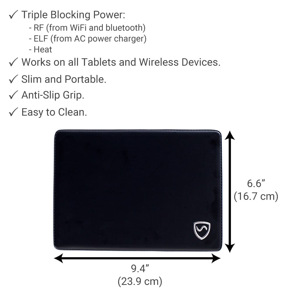Shield Your Body SYB Tablet Pad in black, adjustable stand for tablets, showing ergonomic design and compatibility with various devices.
