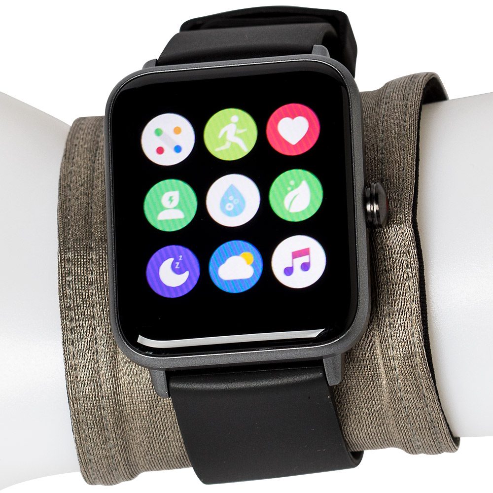 Shield Your Body wrist band, a comfortable black wristband made of soft elastic material, shown close-up on a white background.