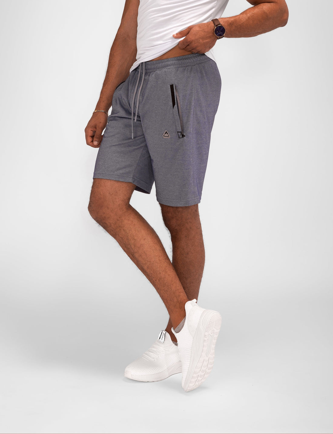 Ash grey SCR Sportswear Urban Stride all-day wear shorts, 11-inch inseam, designed for tall men, casual athletic style.