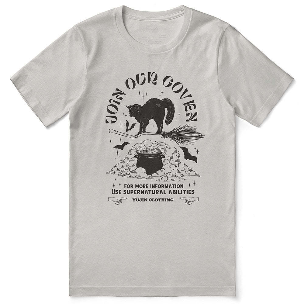 Join Our Coven Cat T-Shirt by Yūjin Clothing featuring a playful cat graphic on a comfortable cotton tee.