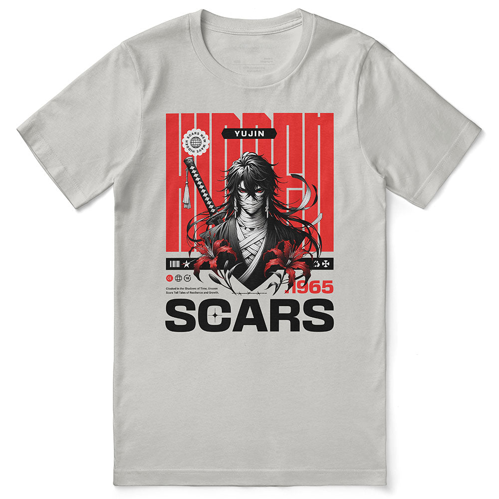 Yūjin Clothing Hidden Scars T-Shirt featuring a stylish design with a comfortable fit and unique graphic print.