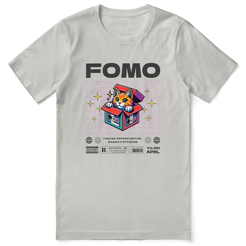 Yūjin Clothing FOMO Cat T-Shirt featuring a playful cat graphic on a comfortable casual tee.