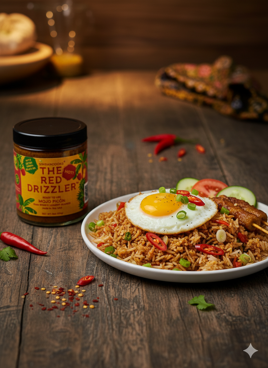 The Red Drizzler Hot Mojo Picon from Simrancooks served with Nasi Goreng, showcasing vibrant red sauce drizzled on fried rice dish.