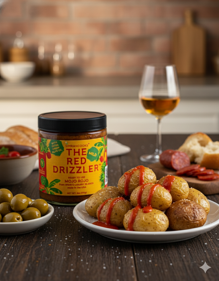 The Red Drizzler Mojo Rojo from Simrancooks served with Papas Arrugadas, showcasing vibrant red chili sauce on traditional Spanish potatoes.