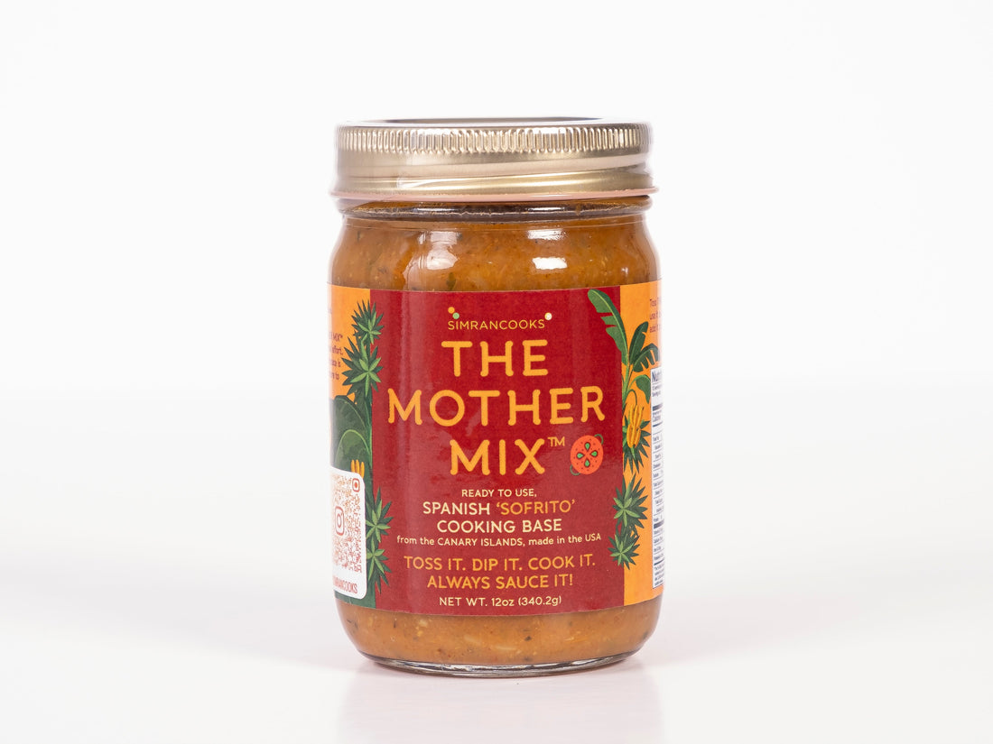 Simrancooks The Mother Mix Spanish sofrito in a jar, ready for cooking, showcasing vibrant ingredients and fresh flavor.