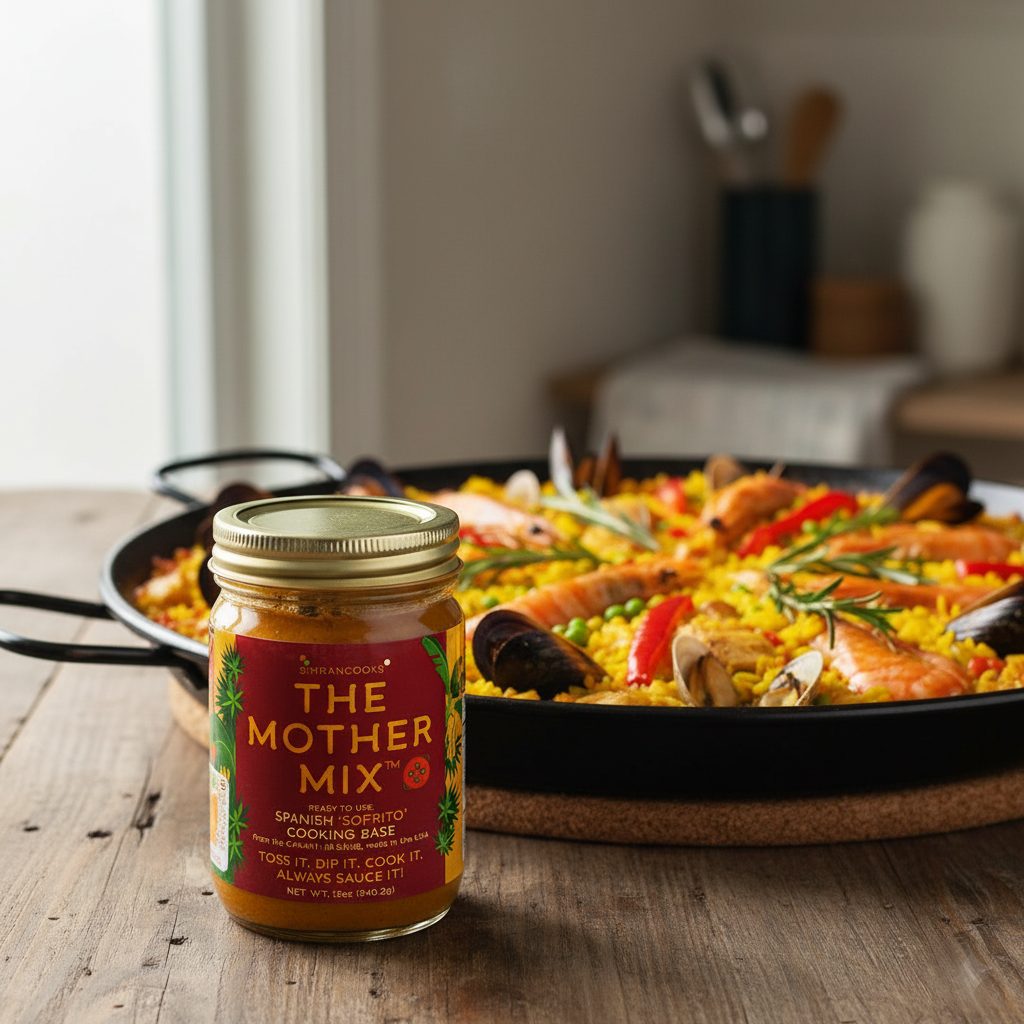 Simrancooks The Mother Mix Spanish sofrito with seafood for paella, showcasing vibrant ingredients and fresh seafood in a pan.