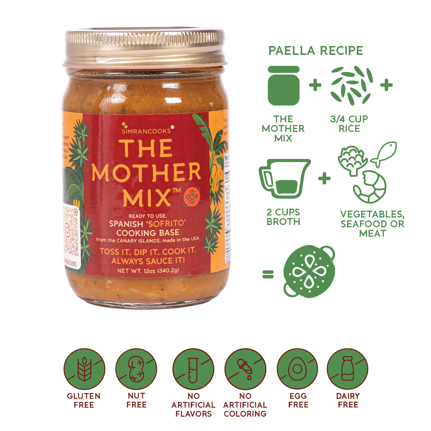 Simrancooks The Mother Mix Spanish sofrito jar with ingredients and recipe card on a wooden surface.