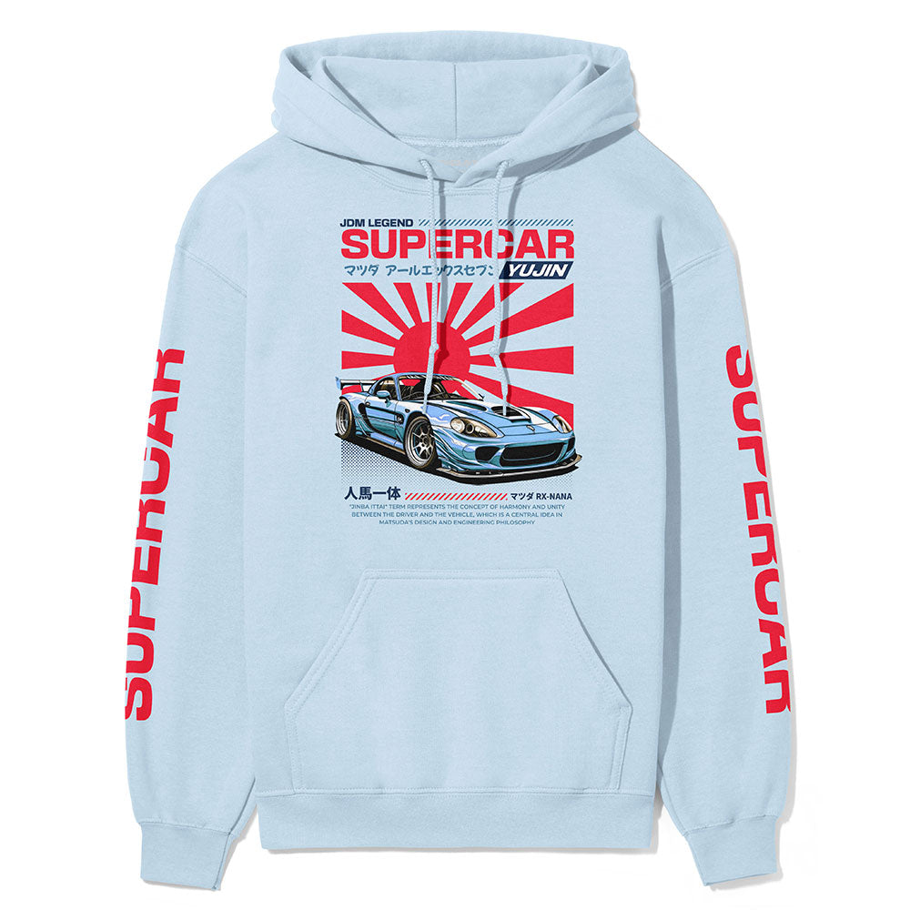 Japanese Supercar Hoodie by Yūjin Clothing featuring a stylish design, comfortable fit, and vibrant graphics on soft fabric.