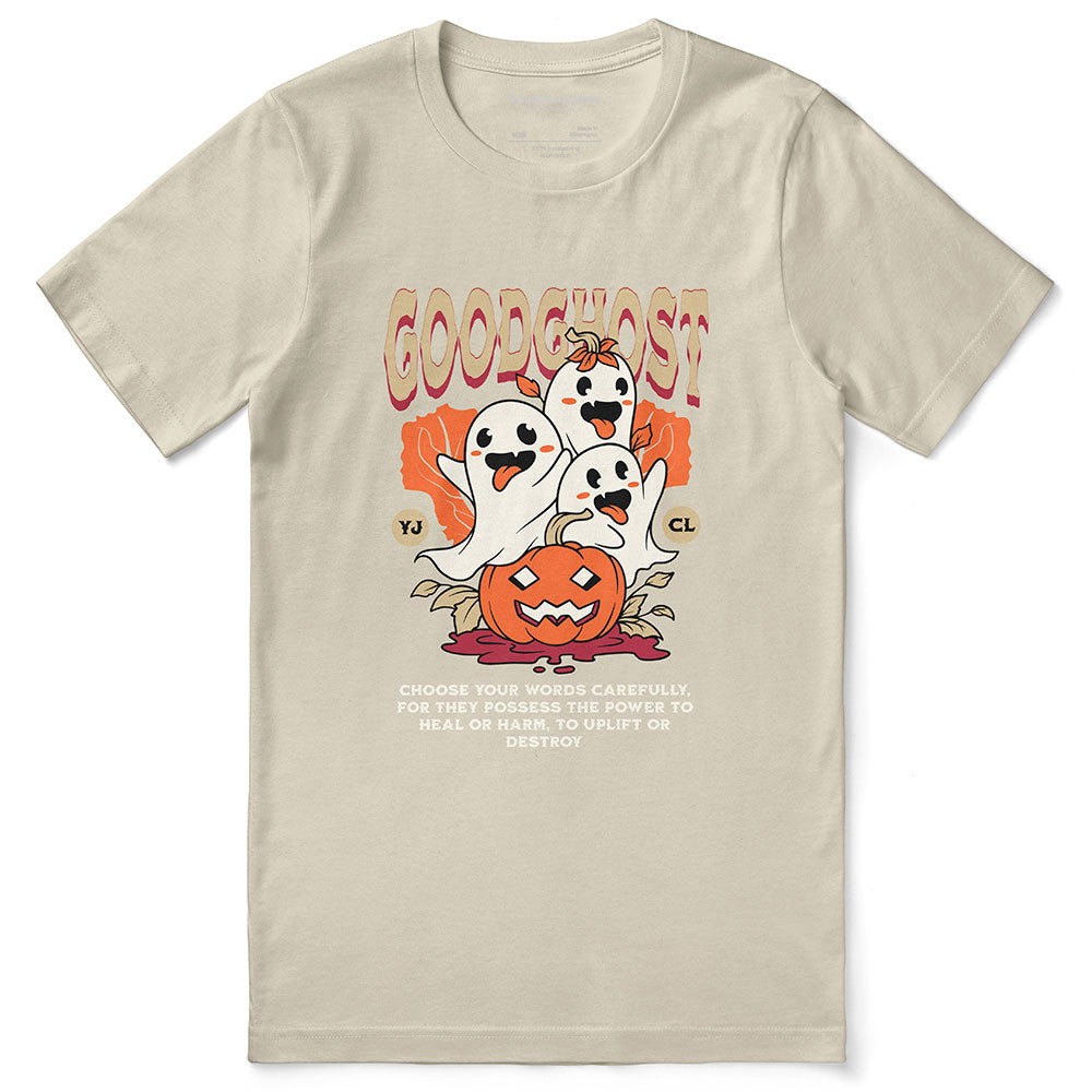 Goodghost Halloween T-Shirt by Yūjin Clothing featuring a spooky ghost design on a black cotton tee.