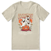 Goodghost Halloween T-Shirt by Yūjin Clothing featuring a spooky ghost design on a black cotton tee.