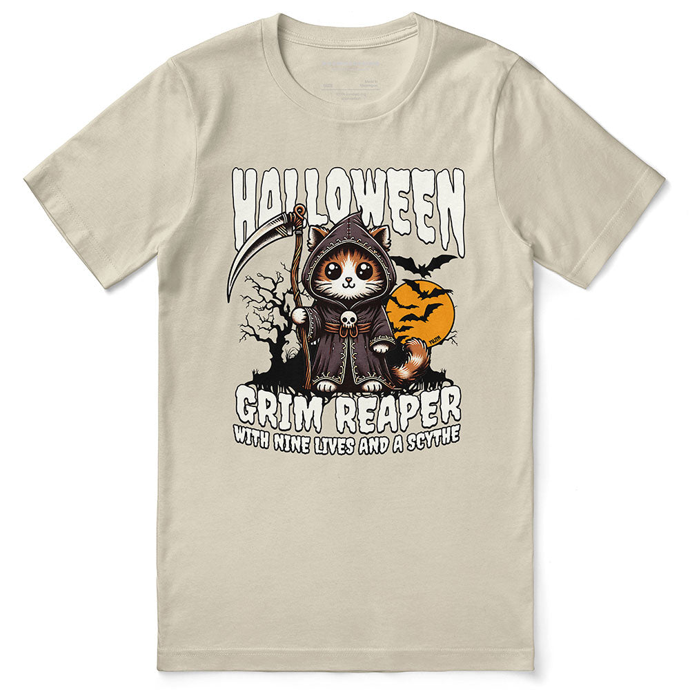 Yūjin Clothing Grim Reaper Halloween Cat T-Shirt featuring a spooky cat design on black fabric, perfect for Halloween costumes.