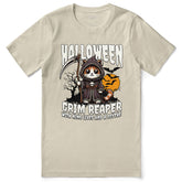 Yūjin Clothing Grim Reaper Halloween Cat T-Shirt featuring a spooky cat design on black fabric, perfect for Halloween costumes.
