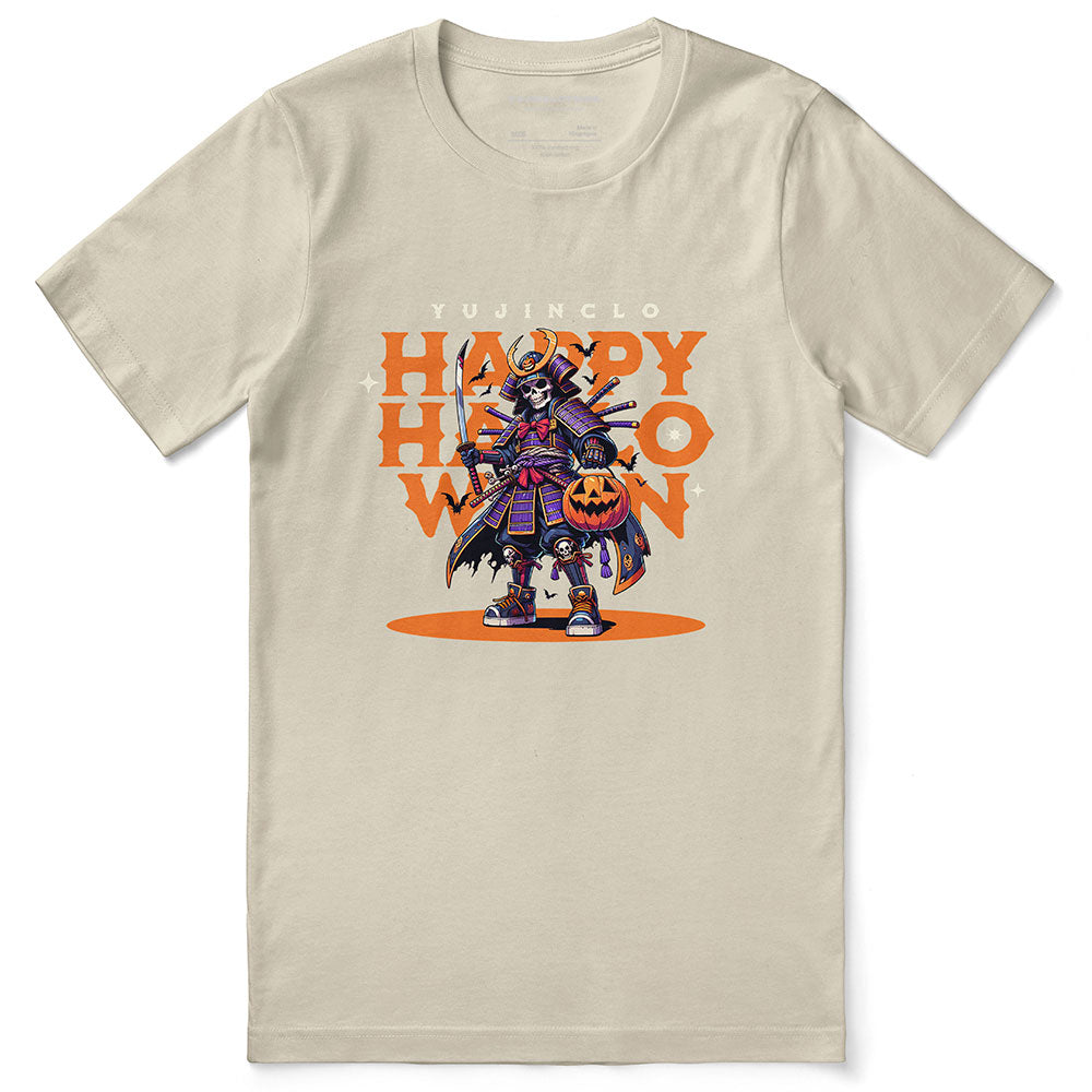 Yūjin Clothing Samurai Halloween T-Shirt featuring a detailed samurai design on a black fabric casual T-shirt.